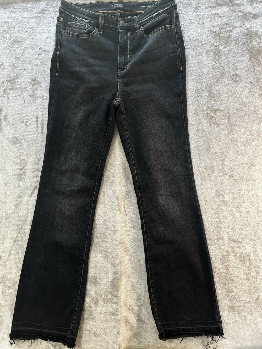 Judy Blue Slim Boot Cut Jeans Women Size 11/30 Black Raw Hem Stretch Denim